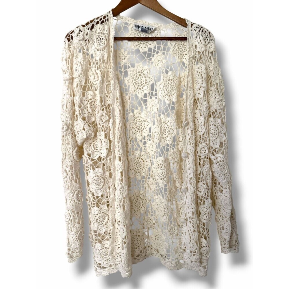 Vintage Crochet Doily Cardigan Richard & Company V-Neck Boho Granny Chic Large